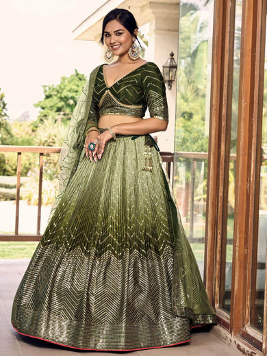 Awesome Green Sequins Chinon Mehendi Wear Lehenga Choli